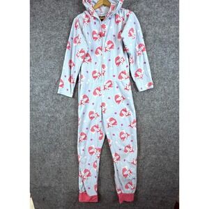 PJ Couture One Piece Jumpsuit Pajama Womens Large Blue Fox Heart Print Hooded